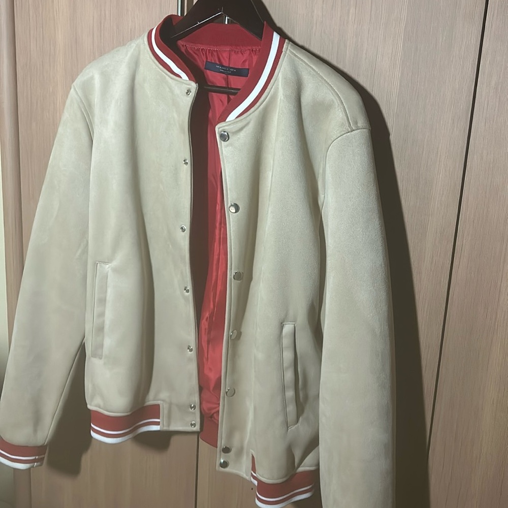 ZARA MAN Collection Tan /Red Suède Bomber Jacket